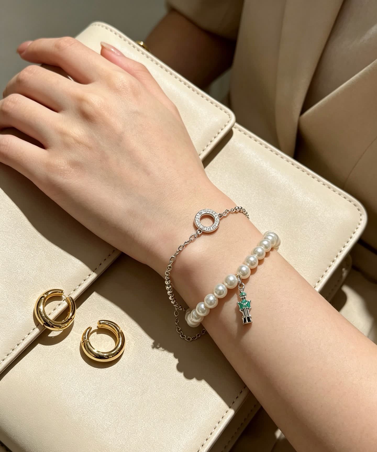 Tiffany & Co. Pearl and Bead Bracelet with Green Enamel Charm